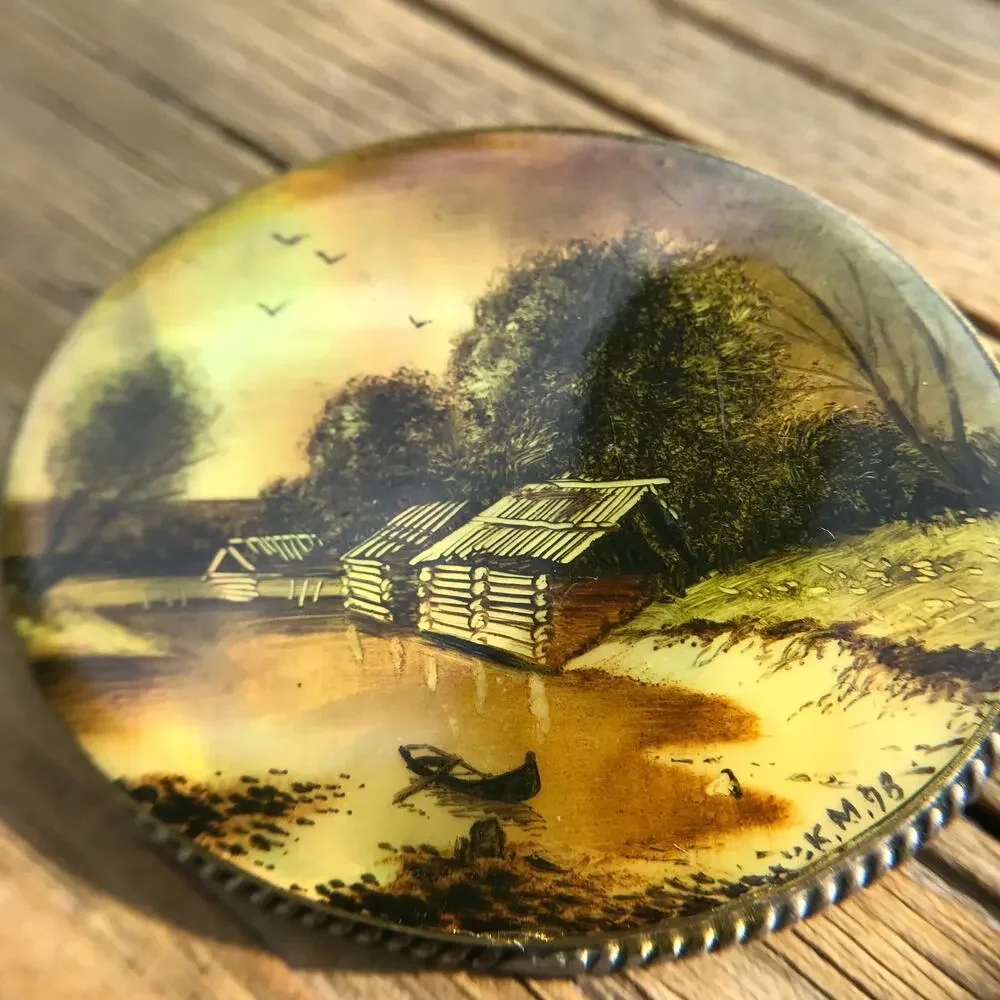 Artist Signed Vintage Hand Painted Mother Of Pearl Scenic Brooch (K.M. '98)